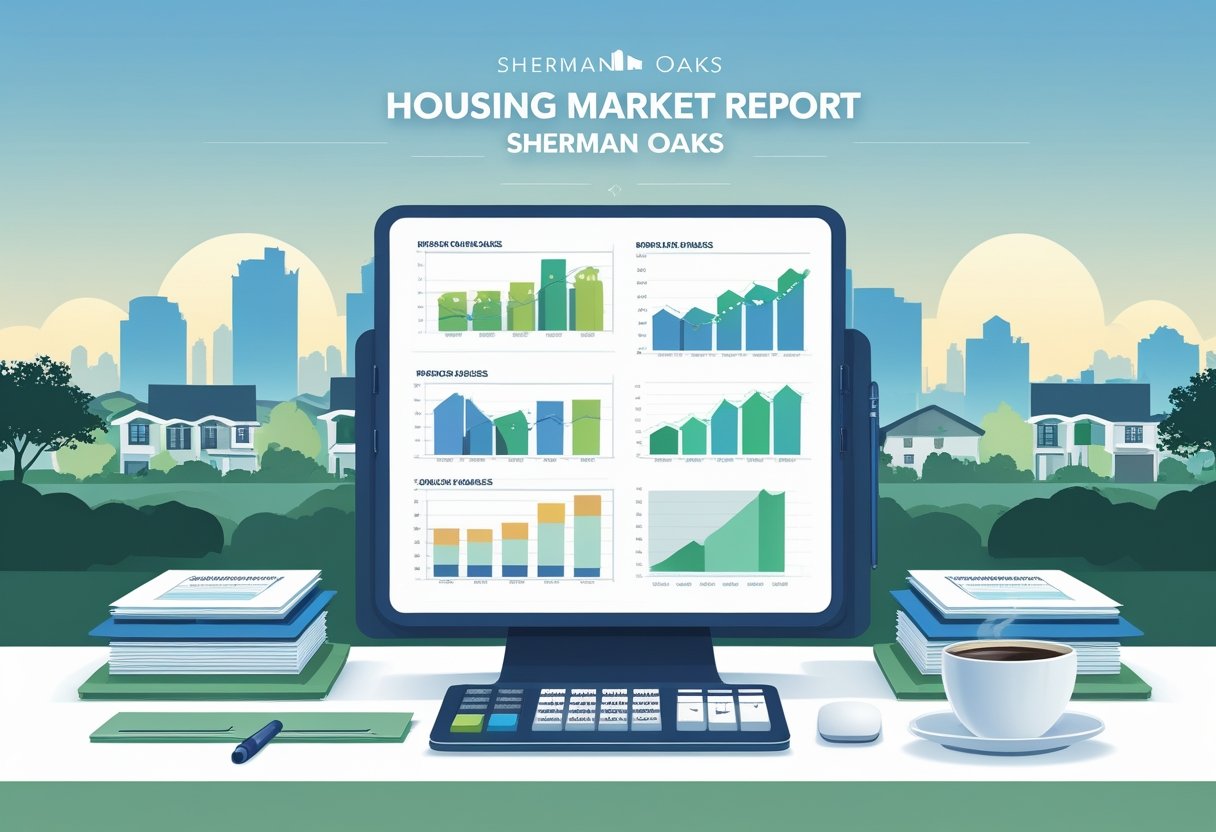 A desk with a tablet showing graphs and charts about housing sales, surrounded by documents and a calculator, with a faint neighborhood skyline in the background.