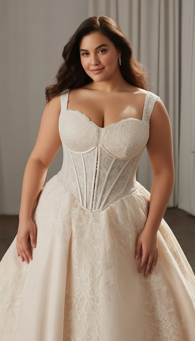 A plus-size woman standing in a wedding gown with a corset bodice, smiling gently in a studio setting.