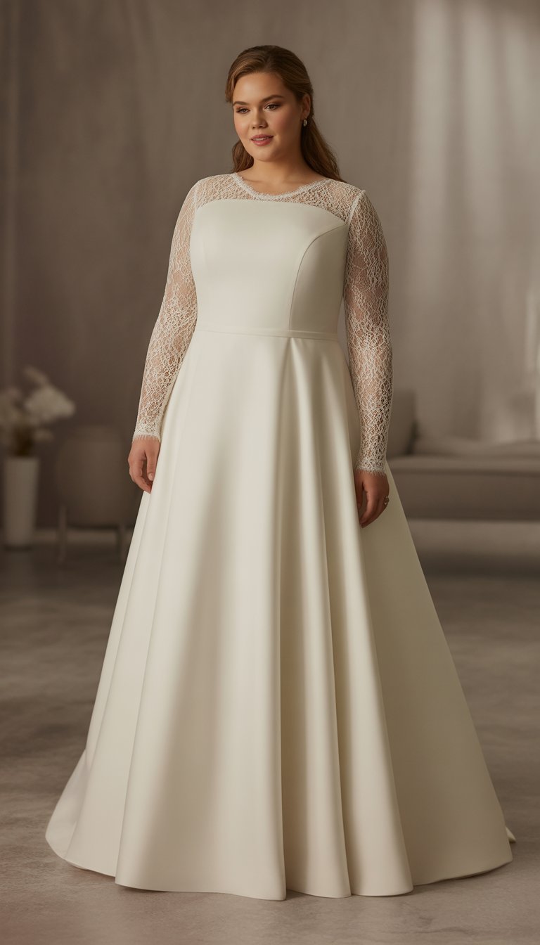 A plus-size bride wearing an A-line wedding dress with lace sleeves, standing in a softly lit studio.