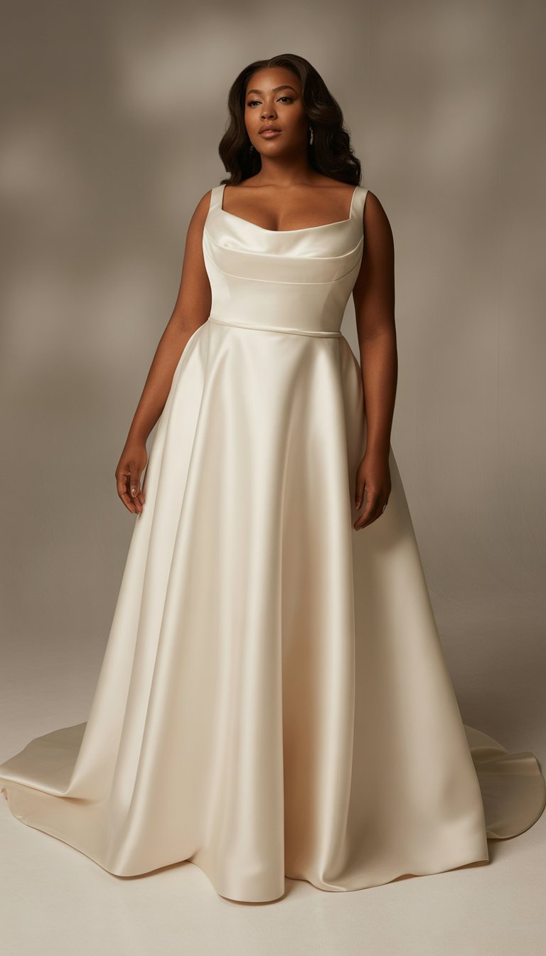 A confident plus-size bride stands wearing a flowing satin wedding gown with an empire waist in a softly lit studio.