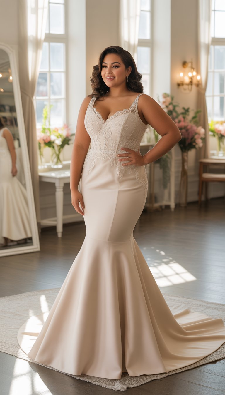 A plus-size woman wearing a wedding dress stands smiling in a bridal boutique with soft natural light.
