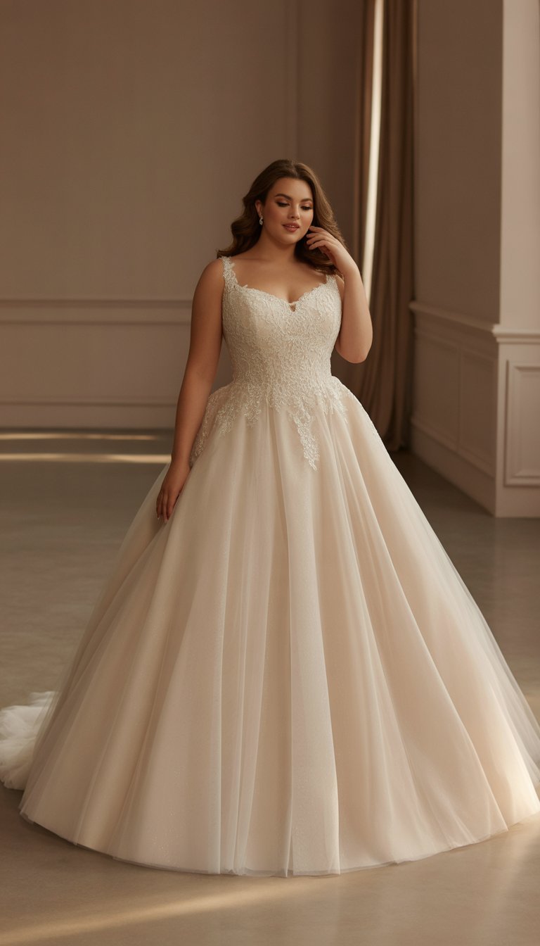 A plus-size bride stands wearing a wedding dress with a full skirt in a bright studio.