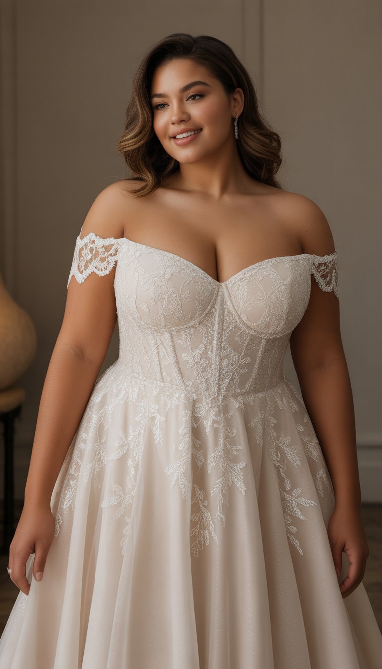 A plus-size woman wearing an off-the-shoulder wedding dress, smiling and standing indoors against a neutral background.
