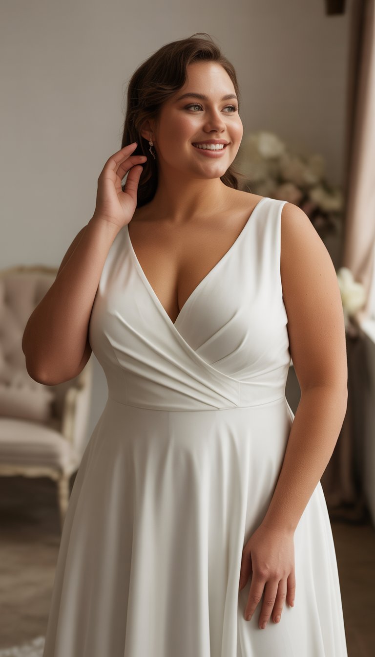 A plus-size woman wearing a V-neck wrap wedding dress standing in a softly lit studio.