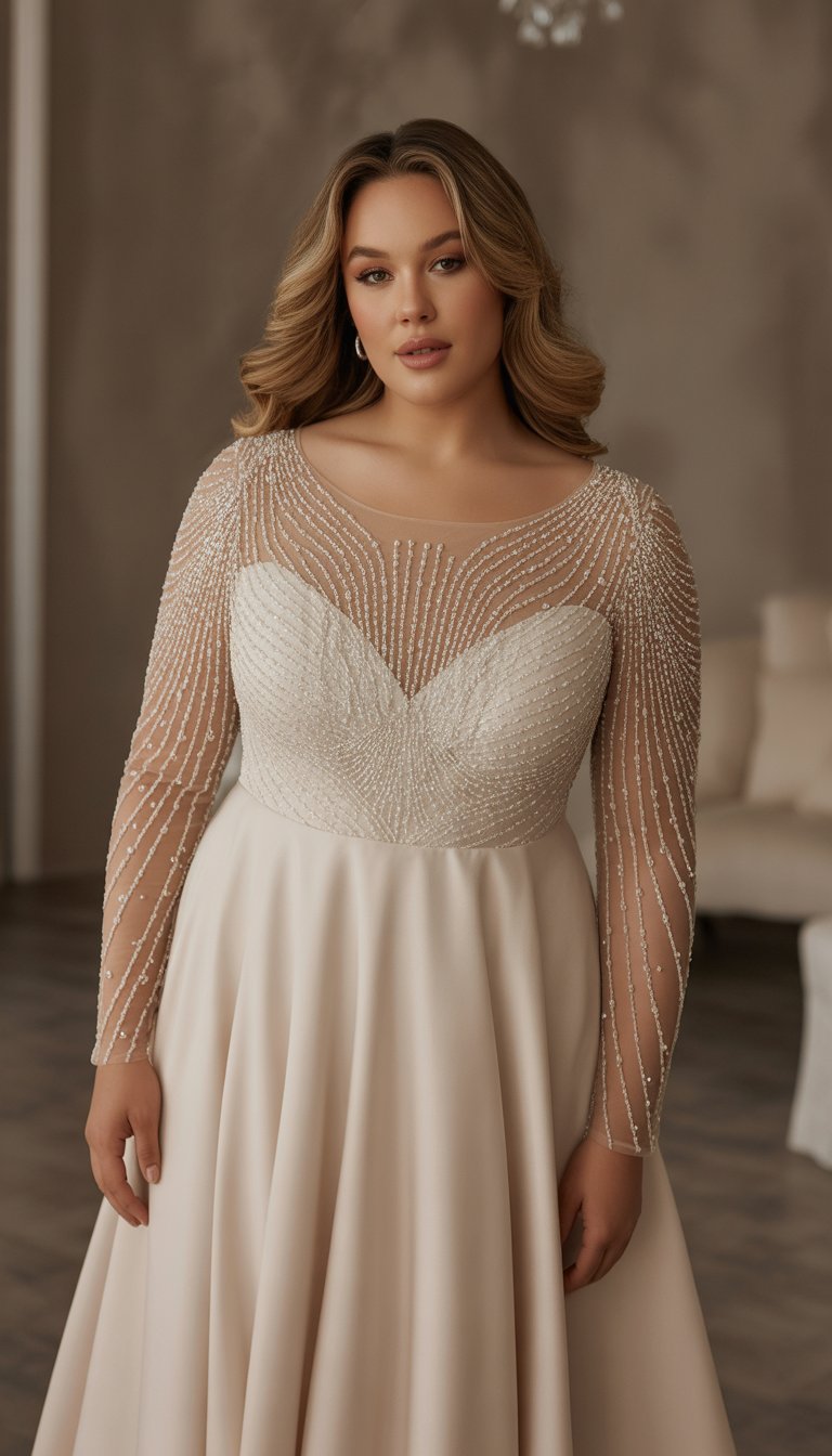 A plus-size woman wearing a long sleeve wedding dress with beading, standing in a studio setting.