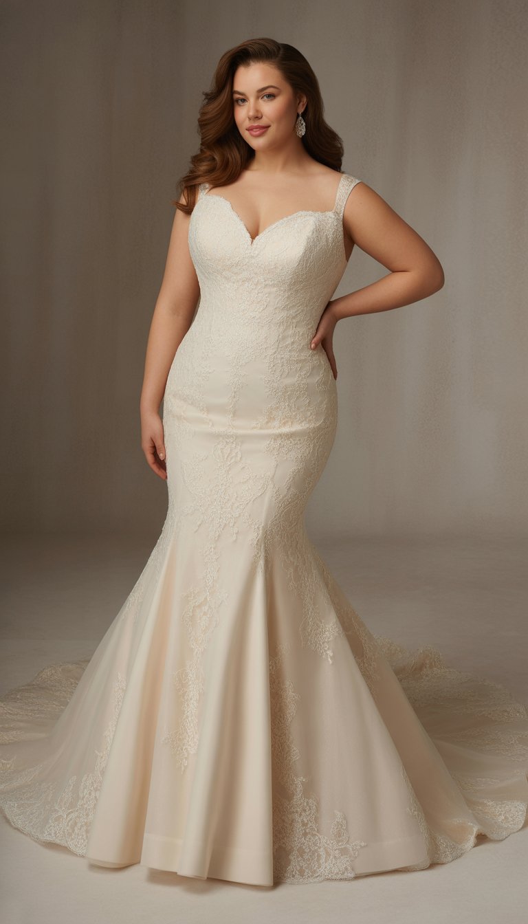 A plus-size woman wearing a fitted mermaid wedding dress stands confidently in a bright studio.