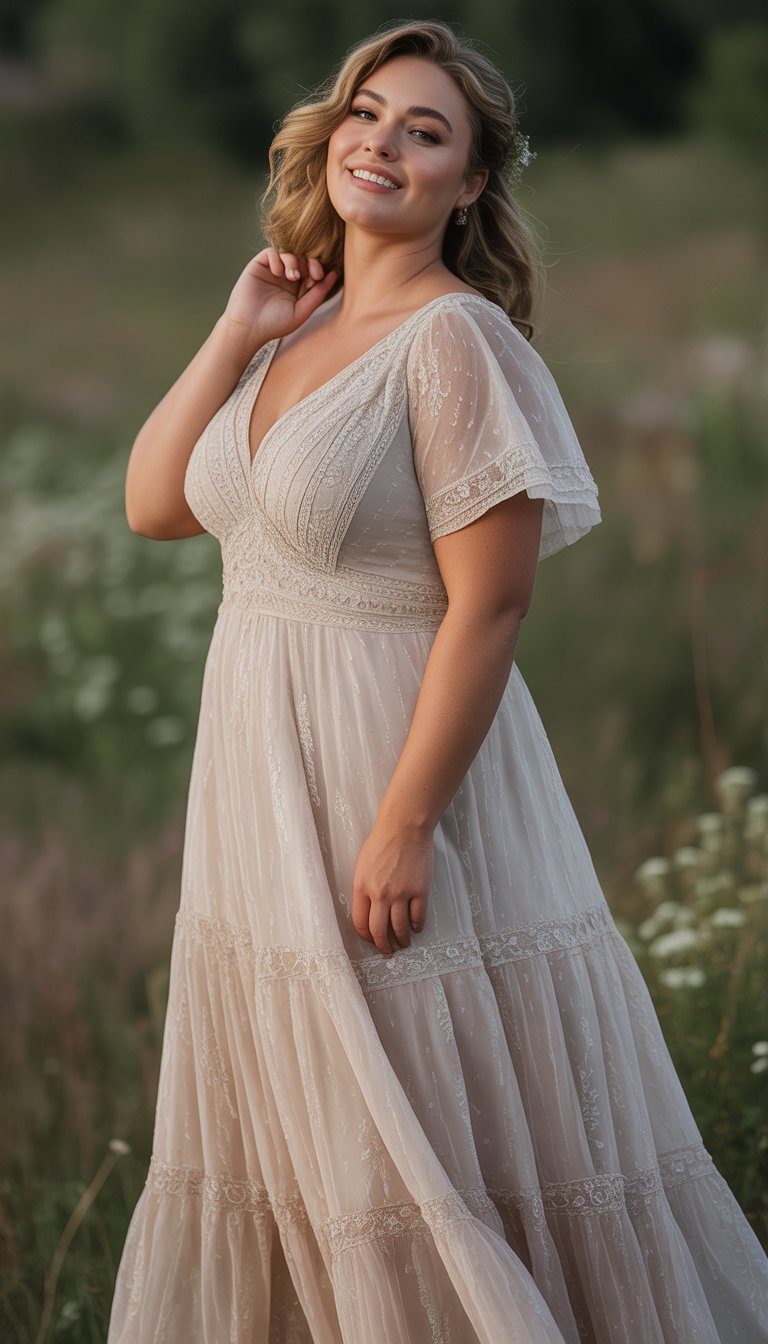 A plus-size woman wearing a flowing wedding dress stands outdoors surrounded by greenery and wildflowers, smiling gently.
