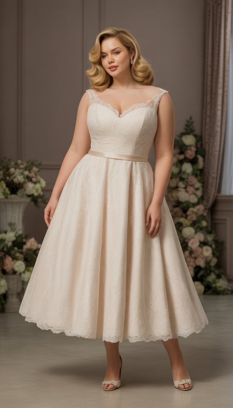 A plus-size woman stands indoors wearing a tea-length wedding dress with lace details, surrounded by soft lighting and floral decorations.