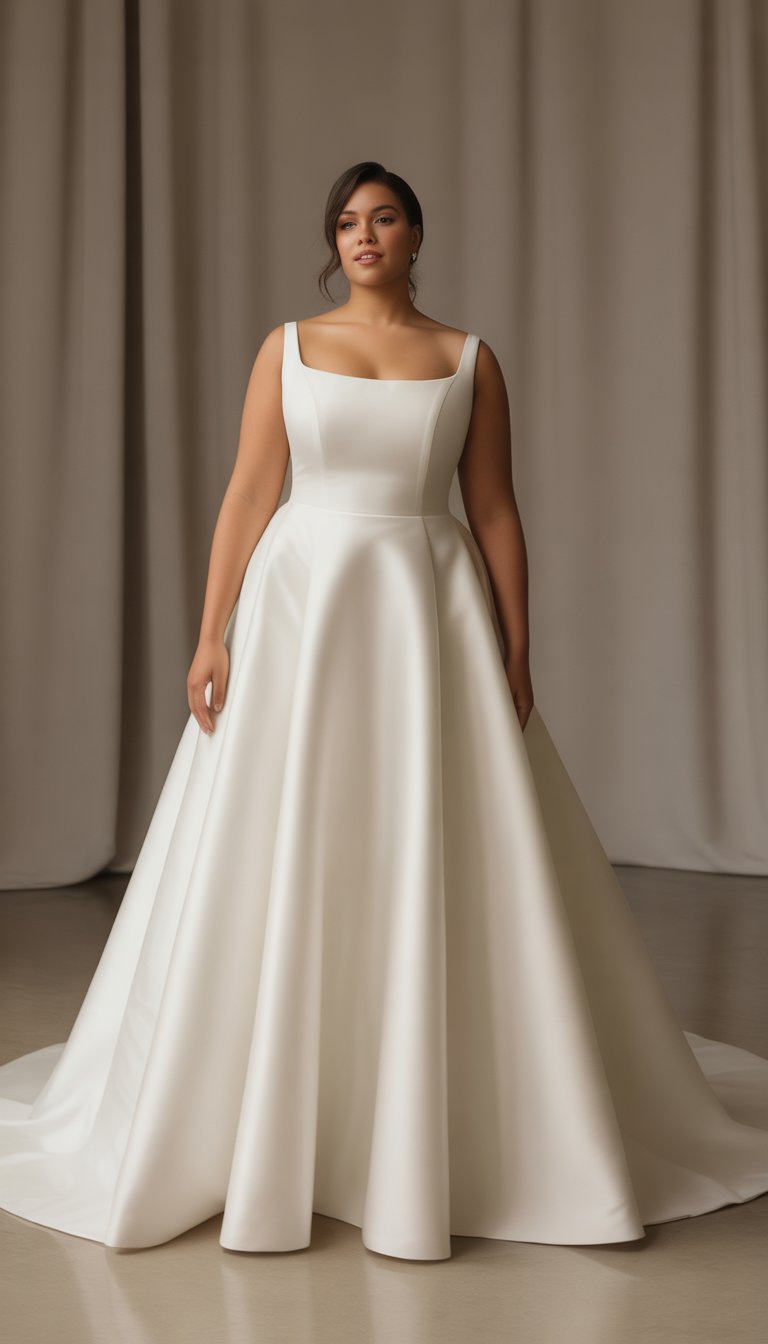 A plus-size bride wearing a white wedding dress standing confidently in a bright studio with a neutral background.