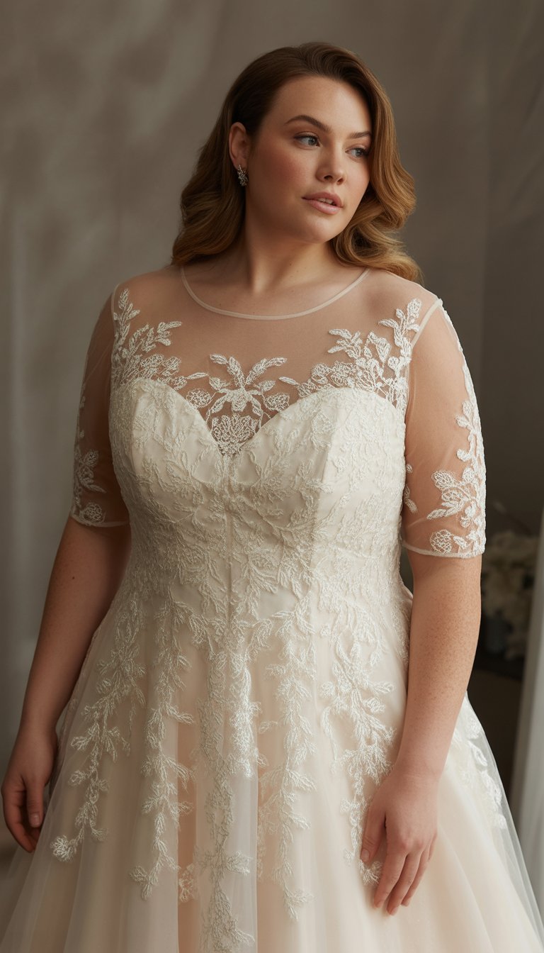 Plus-size bride wearing an embroidered wedding dress with a sheer neckline, standing in a softly lit studio.