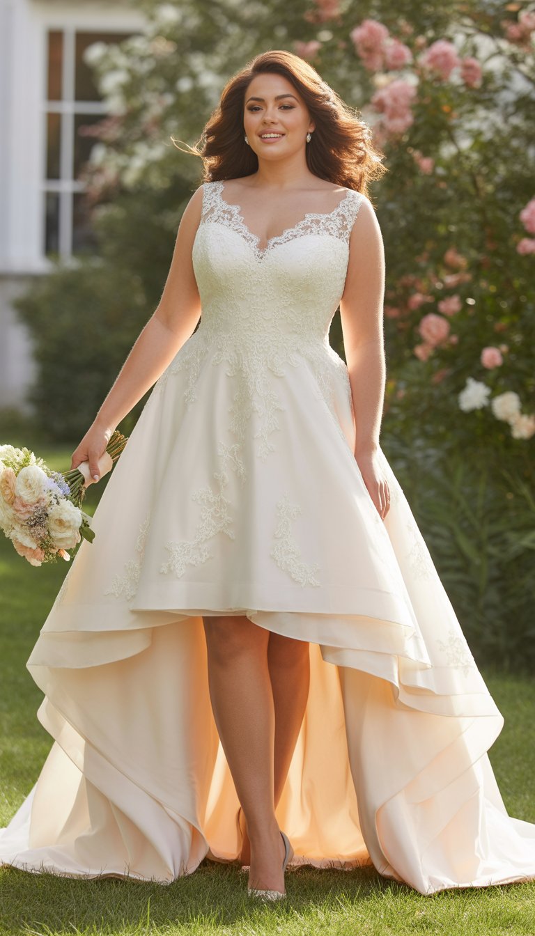 A plus-size bride stands outdoors wearing a flowing high-low wedding dress, holding a bouquet of flowers.