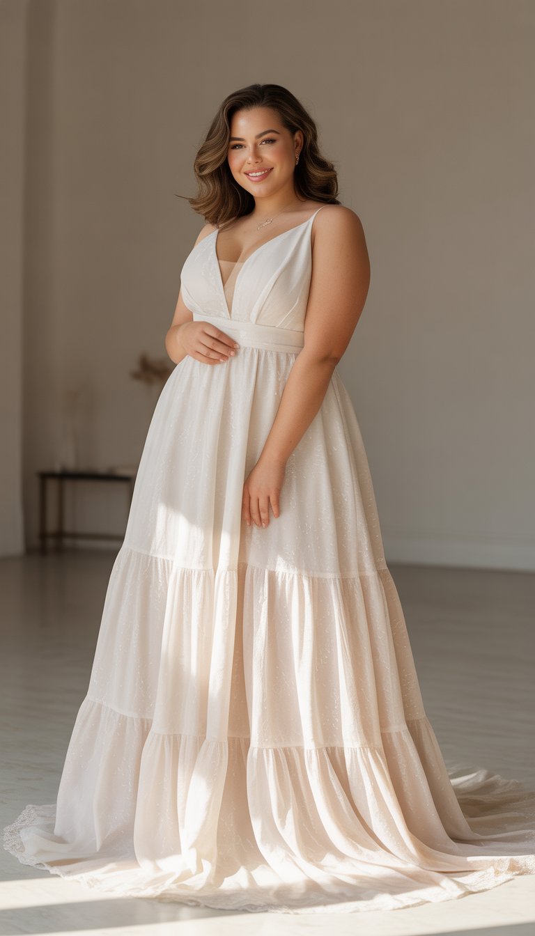 A plus-size woman wearing a white wedding dress with a tiered skirt, standing and smiling in a bright studio.