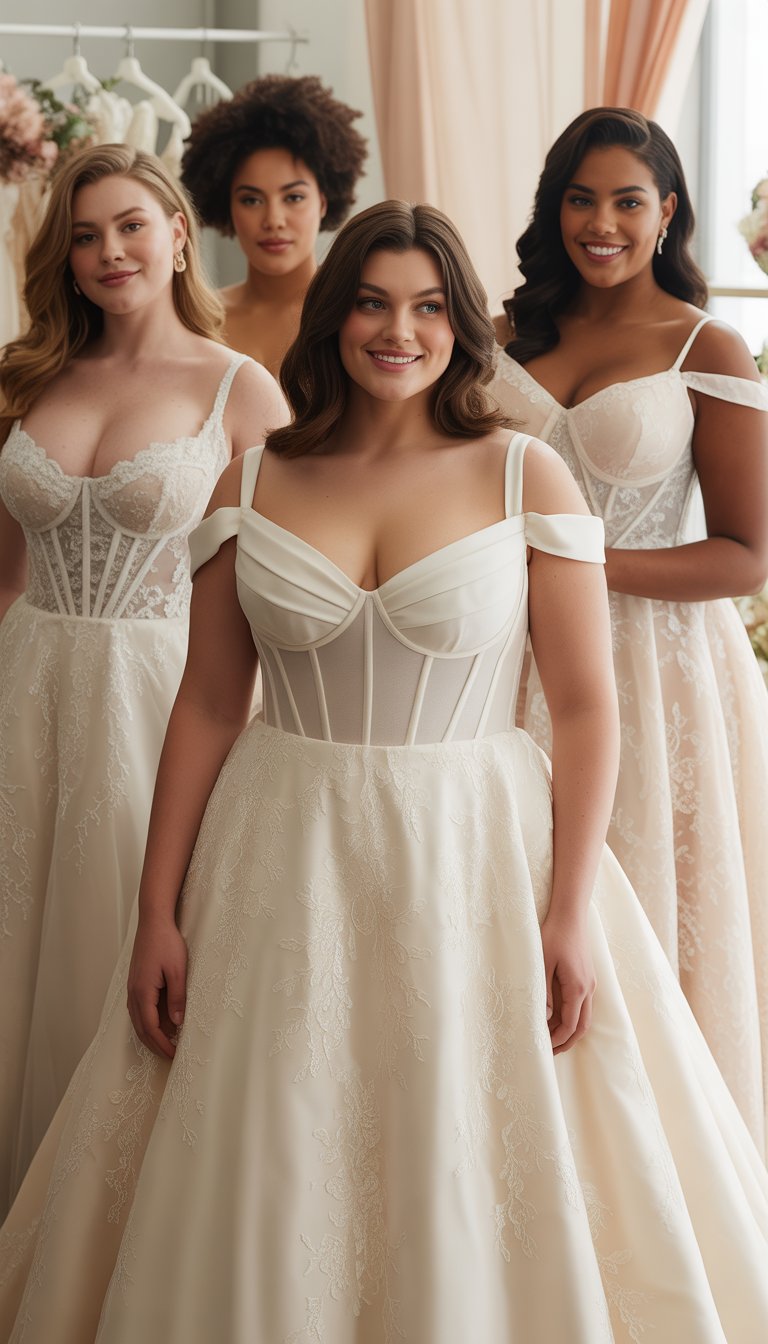 A group of plus-size brides wearing elegant wedding gowns with built-in bust support, standing in a bright bridal boutique.