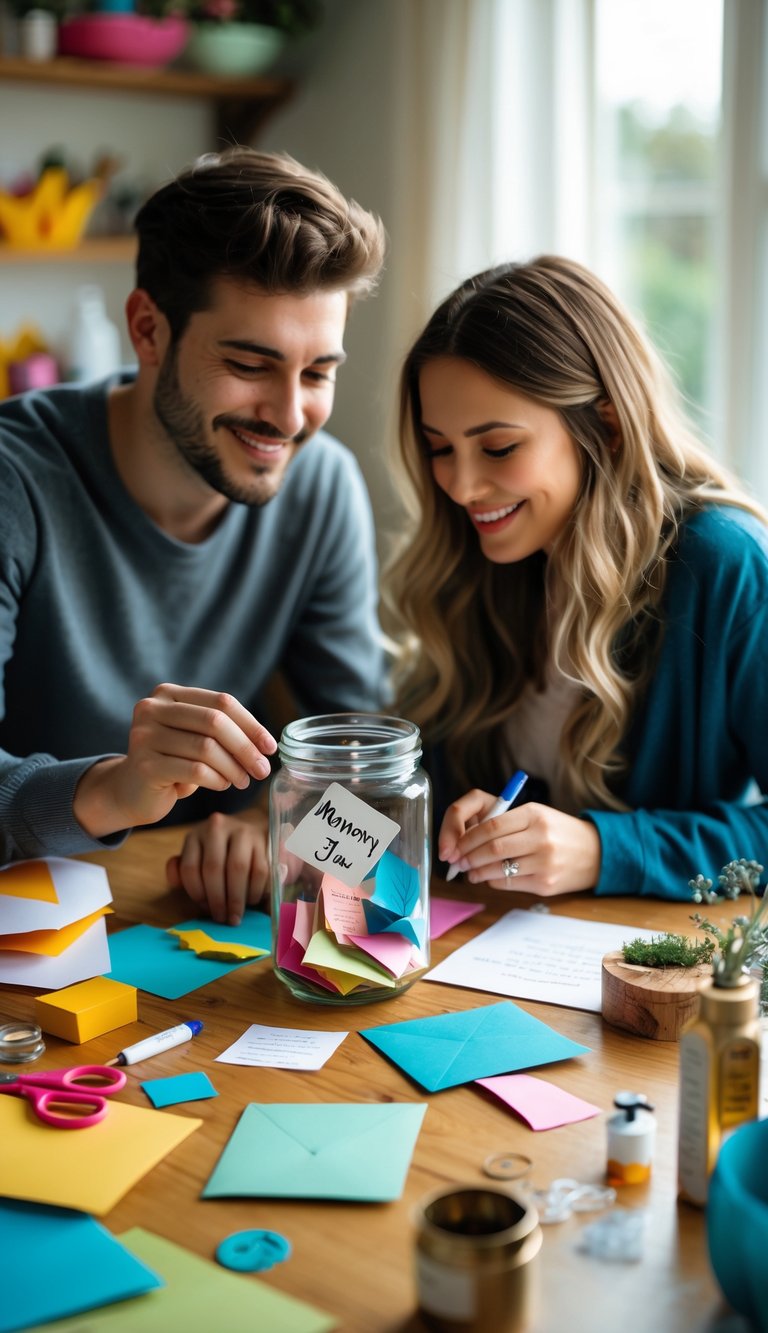 A young couple making a memory jar together at a table with craft supplies around them.