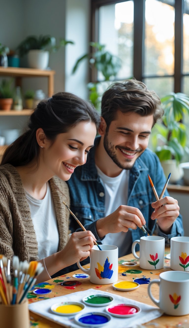 A young couple painting matching designs on ceramic mugs together at a wooden table indoors.