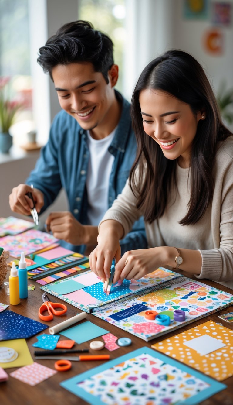 A young couple happily making a mini scrapbook together at a table with craft supplies.