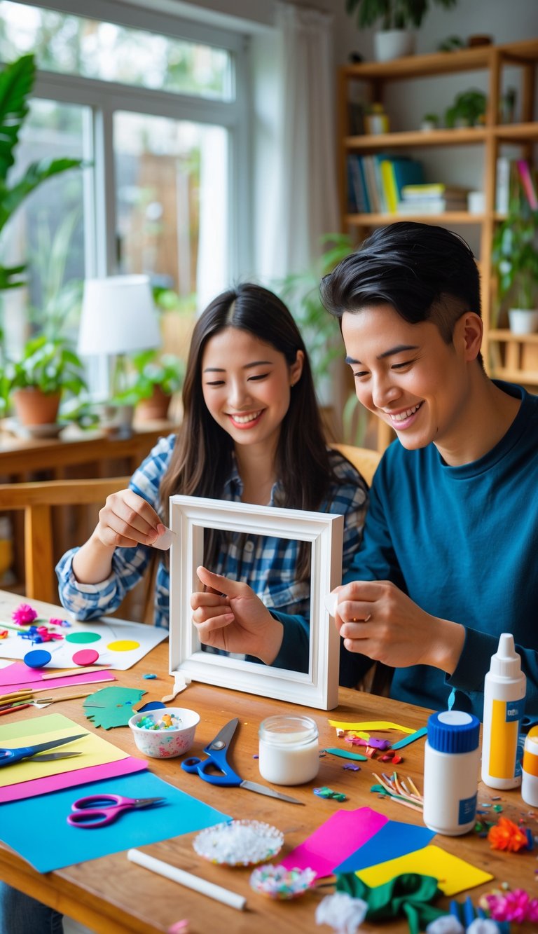 A young couple sitting at a table making personalized photo frames together surrounded by craft supplies.
