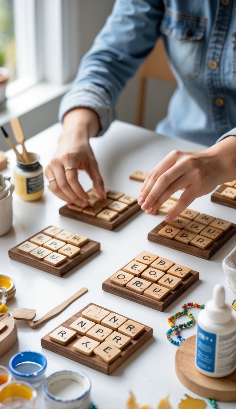 Hands of a couple arranging Scrabble tiles on wooden coasters at a well-lit crafting table with art supplies around.