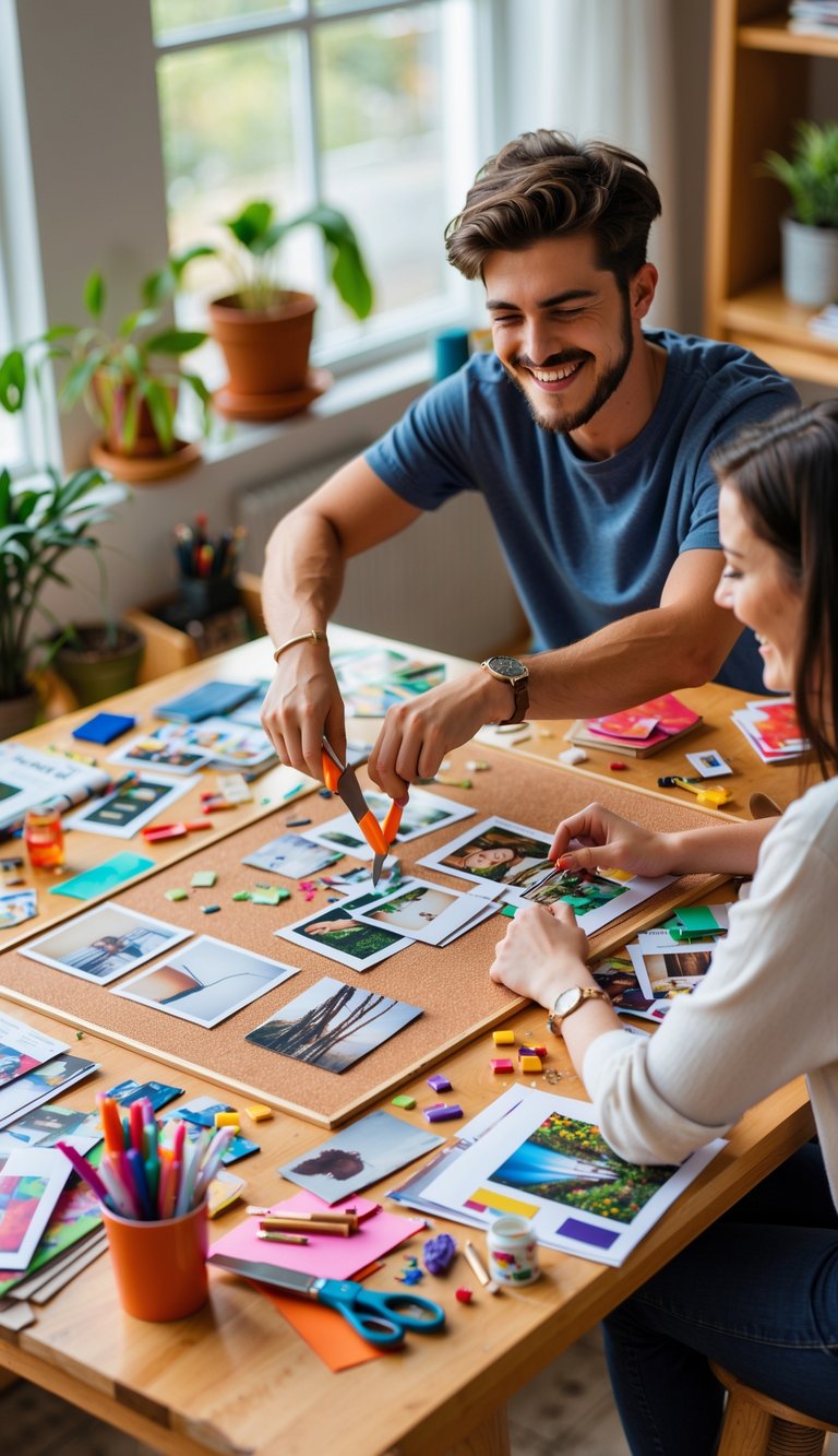 A young couple sitting at a table filled with craft supplies, working together on a vision board in a cozy, sunlit room.