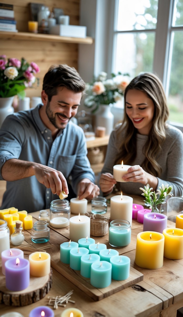 A couple making handmade candles together at a table filled with candle-making supplies and finished candles.