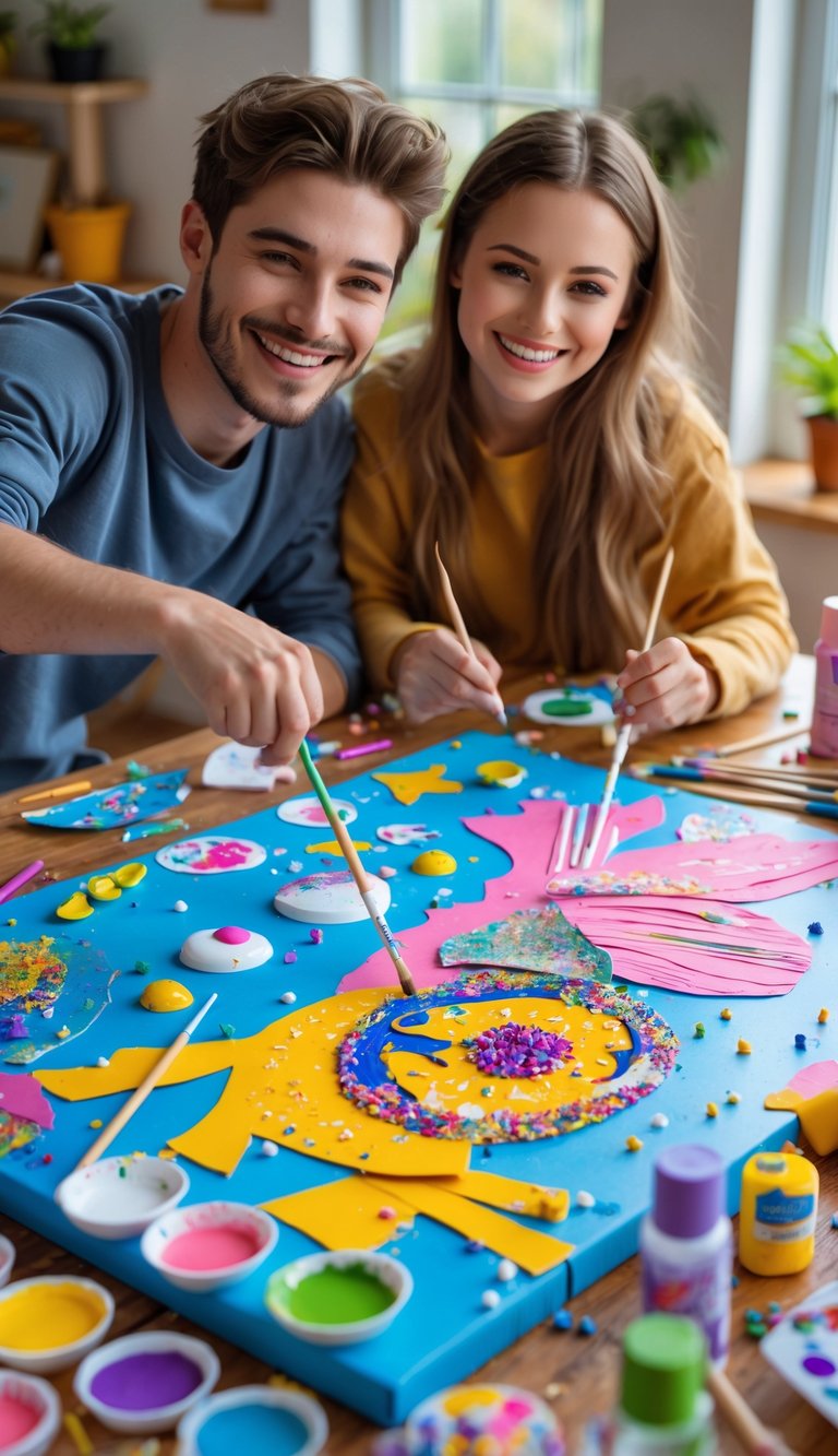 A young couple happily working together on a colorful canvas filled with various craft materials in a bright room.