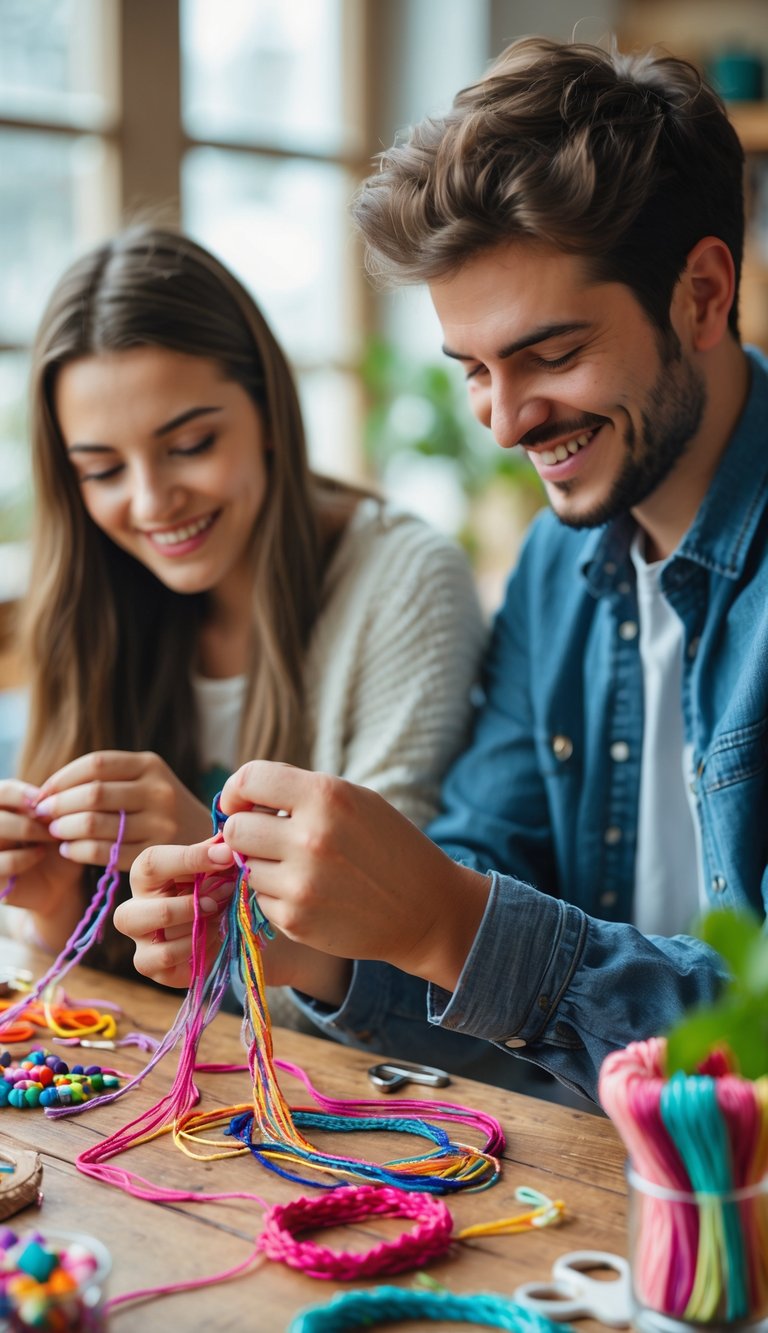 A young couple making colorful friendship bracelets together at a table with craft supplies.