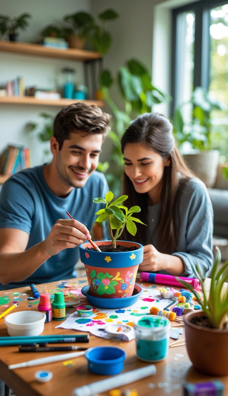 A young couple decorating a plant pot together at a table with craft supplies in a cozy living room.