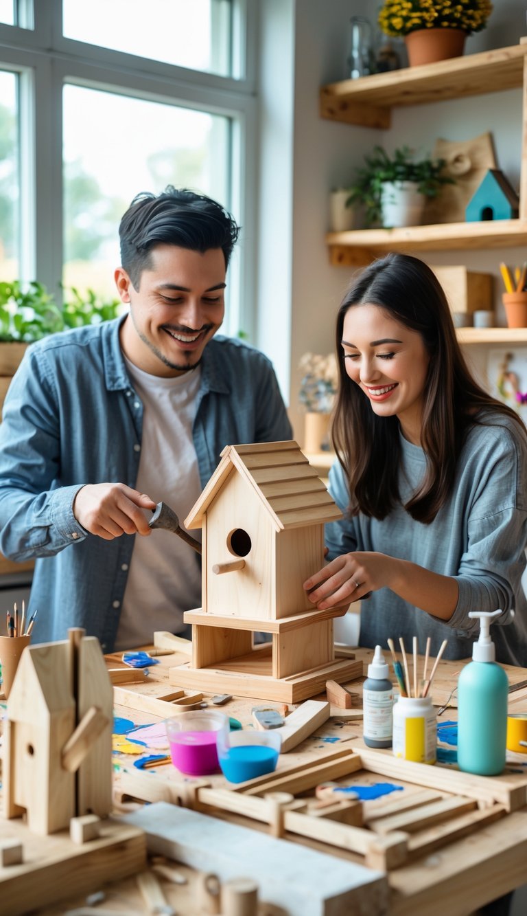 A couple building a wooden birdhouse together at a table filled with craft supplies in a bright workshop.