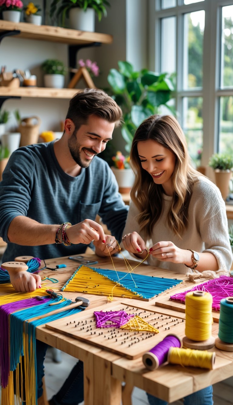 A couple working together on a colorful string art project at a wooden table filled with craft materials.