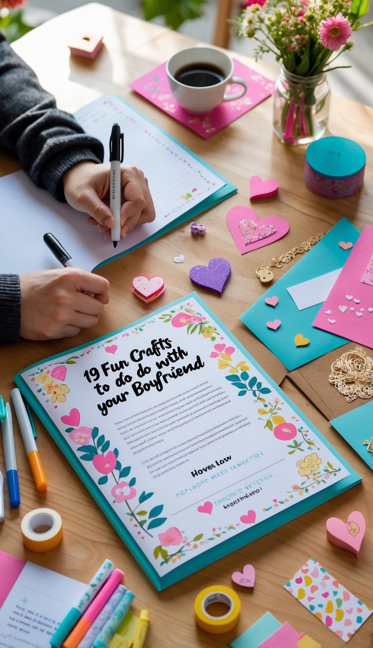 A couple's hands working on a love letter booklet with craft supplies on a wooden table in a cozy setting.