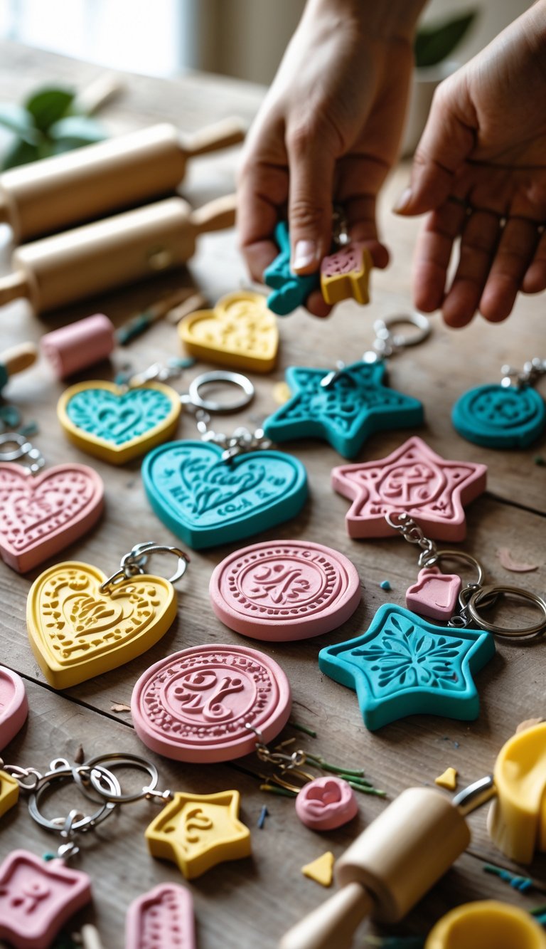 Close-up of colorful stamped clay keychains on a wooden table with crafting tools and two hands holding a keychain.