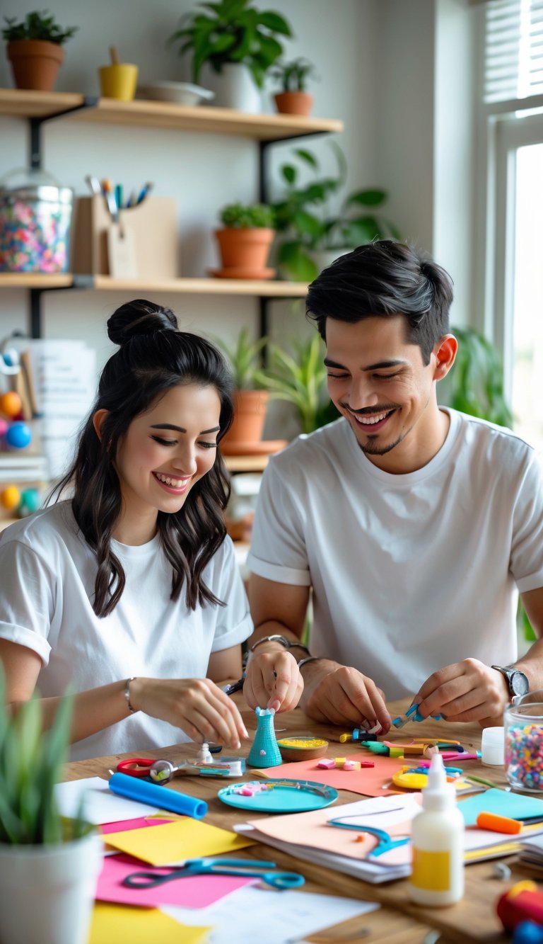 A young couple wearing matching t-shirts happily making crafts together at a table filled with art supplies.