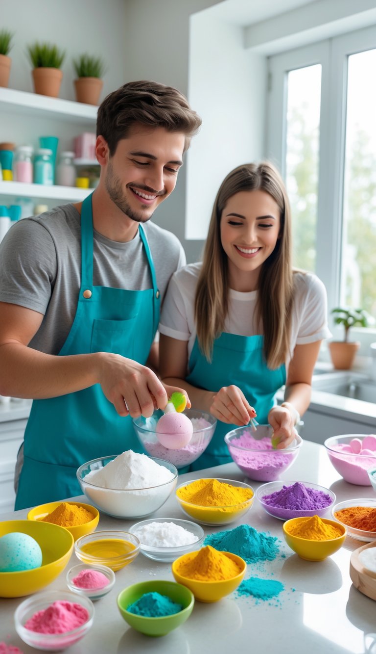 A young couple making colorful bath bombs together in a bright kitchen.