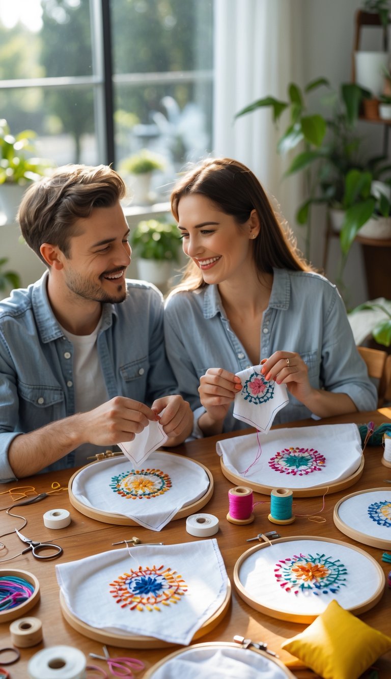 A young couple sitting at a table, happily embroidering white handkerchiefs together surrounded by craft supplies.