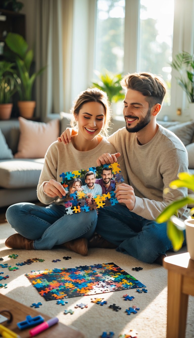 A young couple sitting on the floor assembling a jigsaw puzzle together in a cozy living room.