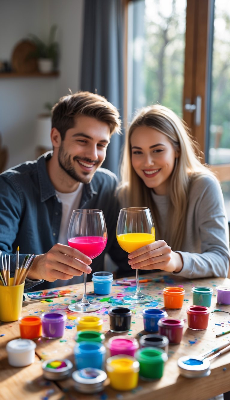 A young couple painting wine glasses together at a table with colorful paints and brushes, smiling and enjoying the activity.
