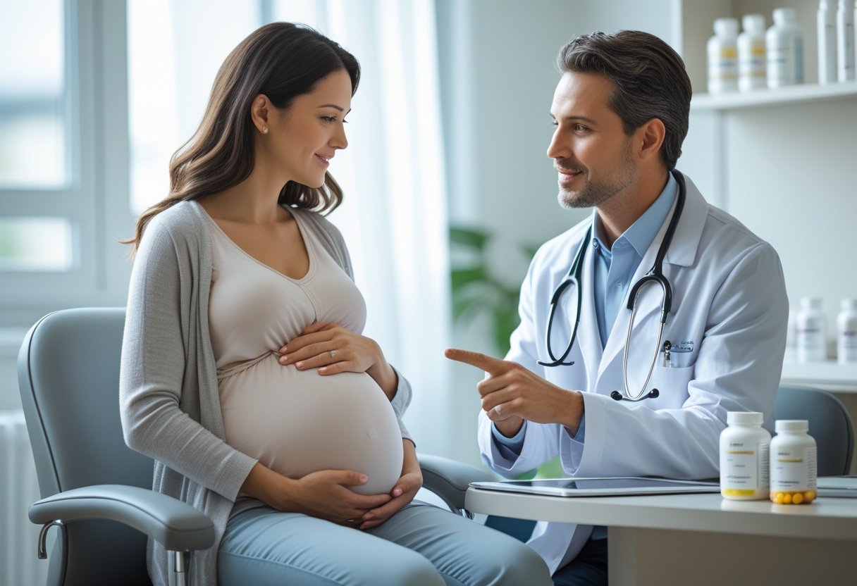 A pregnant woman talking with a healthcare professional in a medical office, with the doctor showing information on a tablet.