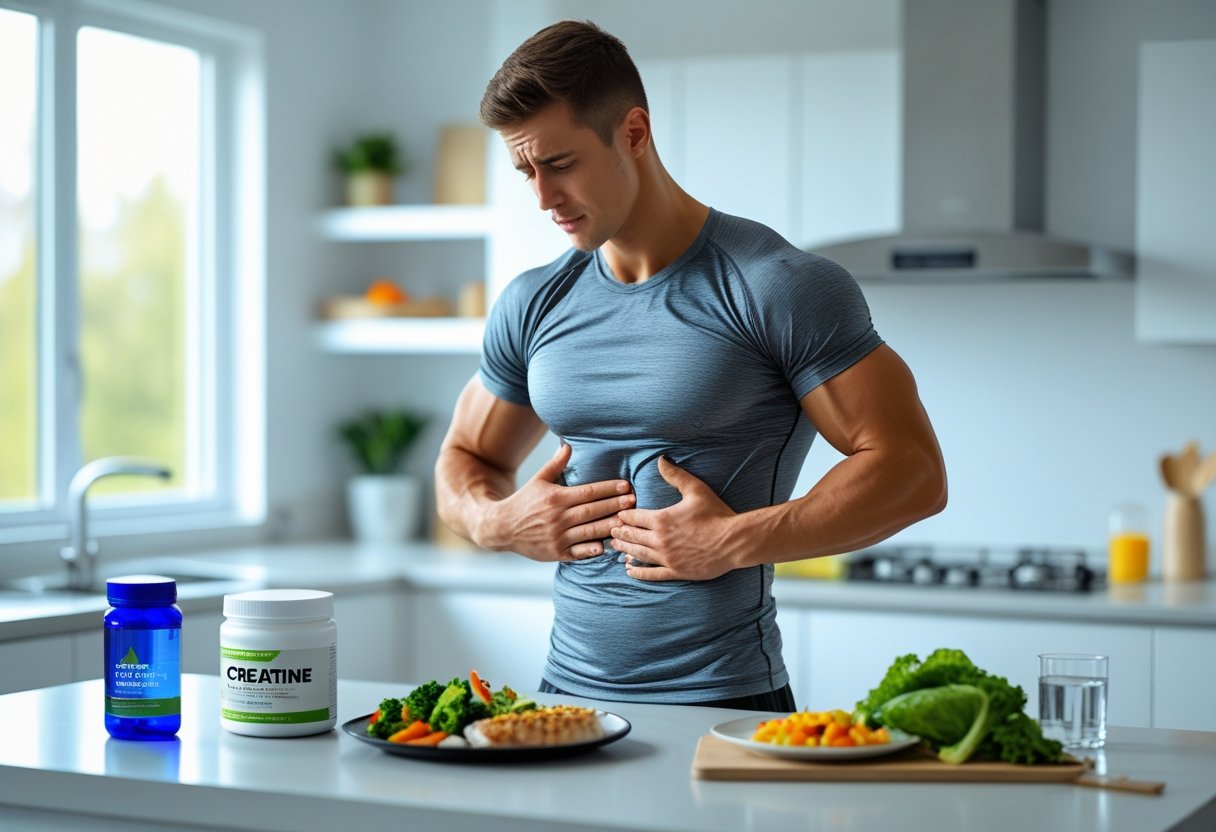 A young man in athletic clothing stands in a kitchen touching his abdomen with a slight look of discomfort, with supplements and a healthy meal on the counter nearby.
