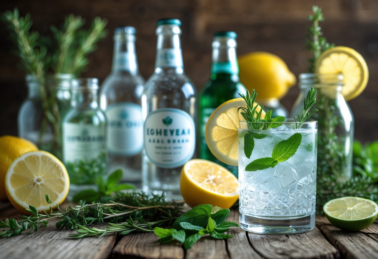 A wooden table with glass bottles of mixers, seltzers, and herb-infused tonics surrounded by fresh herbs and citrus slices, with a glass of gin and tonic garnished with rosemary and lemon.