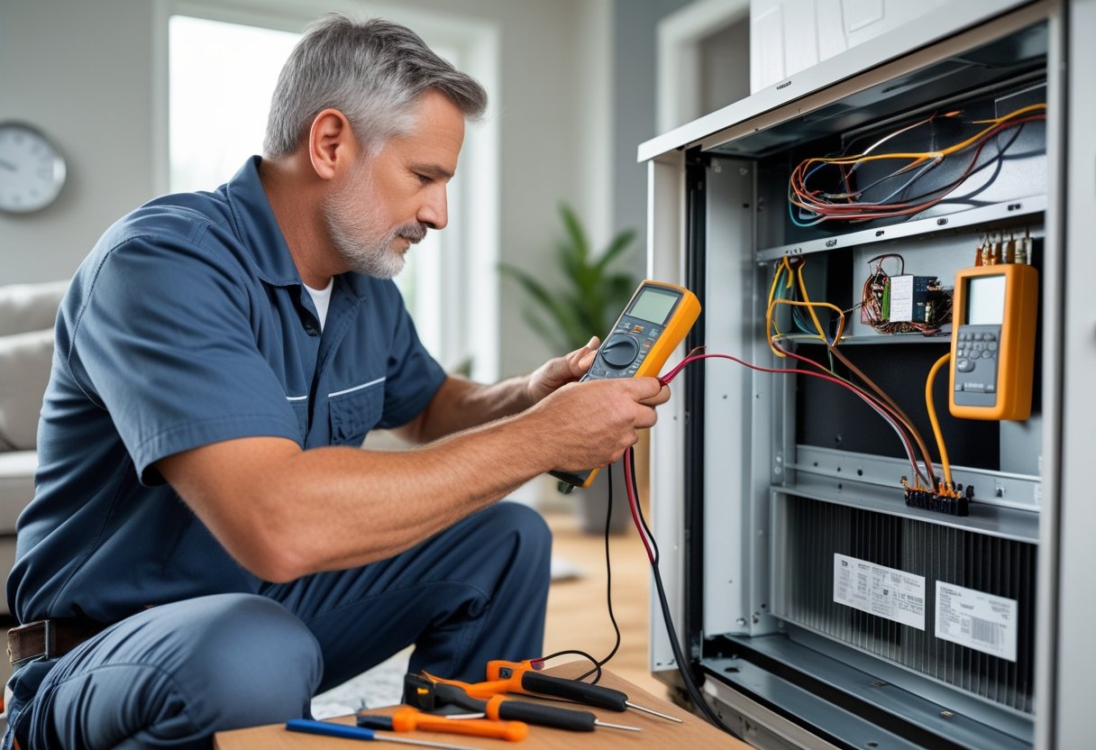 A man troubleshooting a home air conditioner unit indoors using a multimeter with tools on a nearby table.