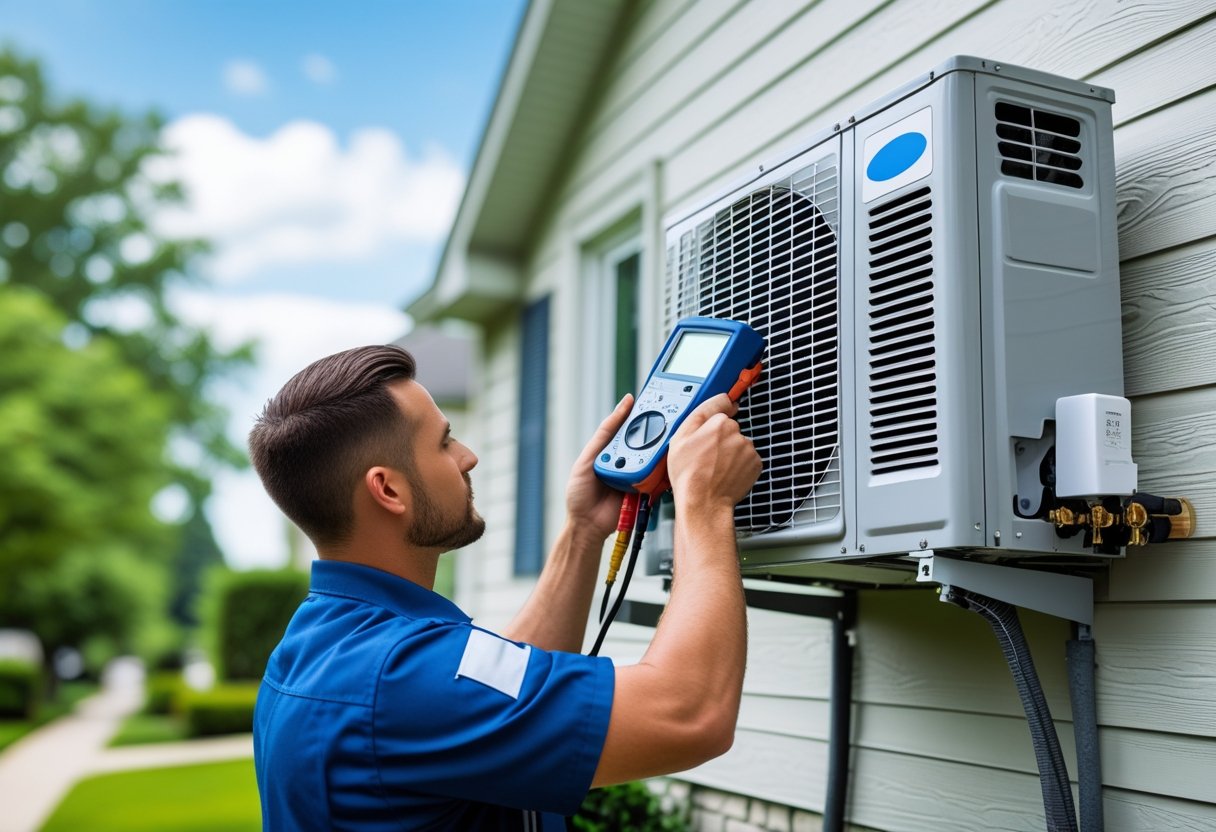 A technician repairing an air conditioning unit on the outside wall of a suburban house during the day.