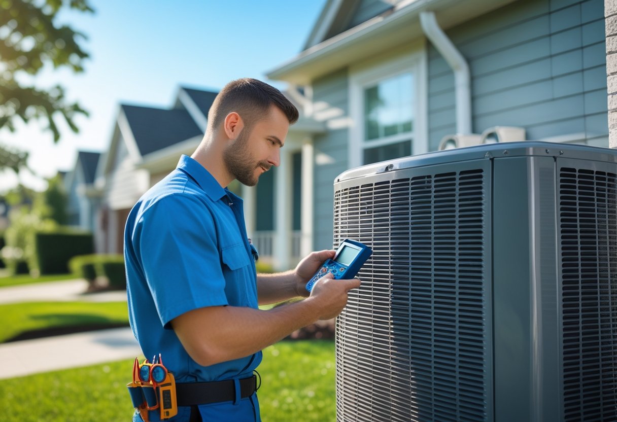 An HVAC technician inspecting an outdoor residential air conditioning unit in front of a house.