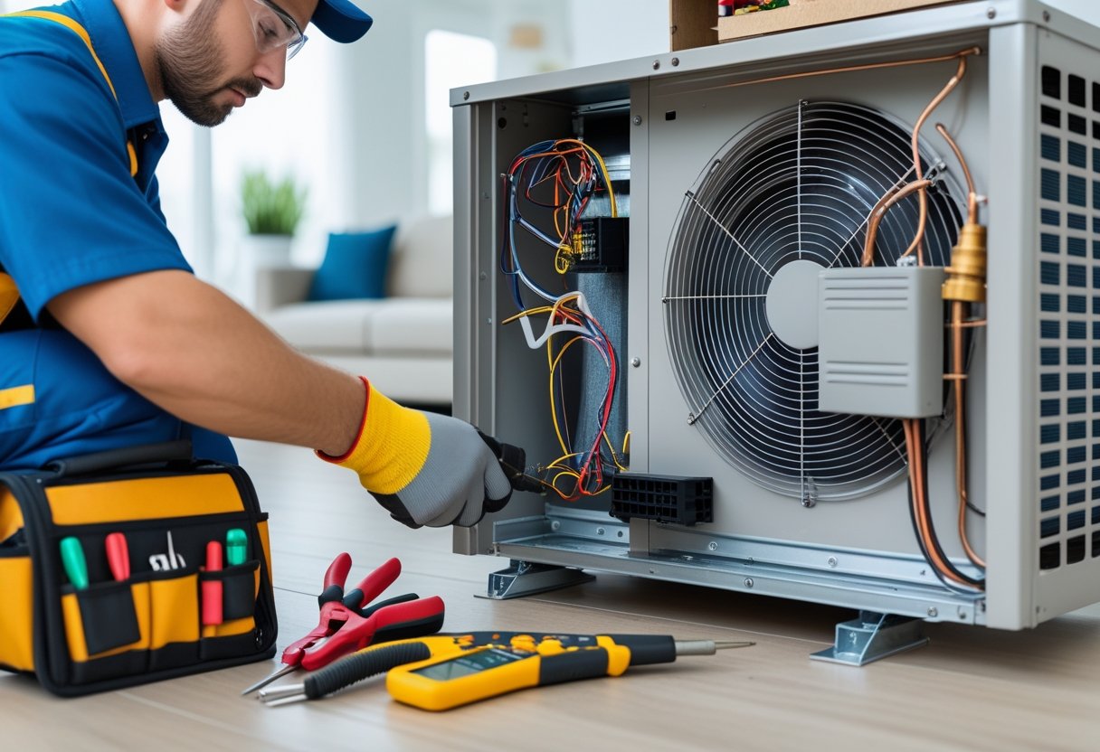 A technician inspecting an open home air conditioning unit with tools nearby inside a modern living room.