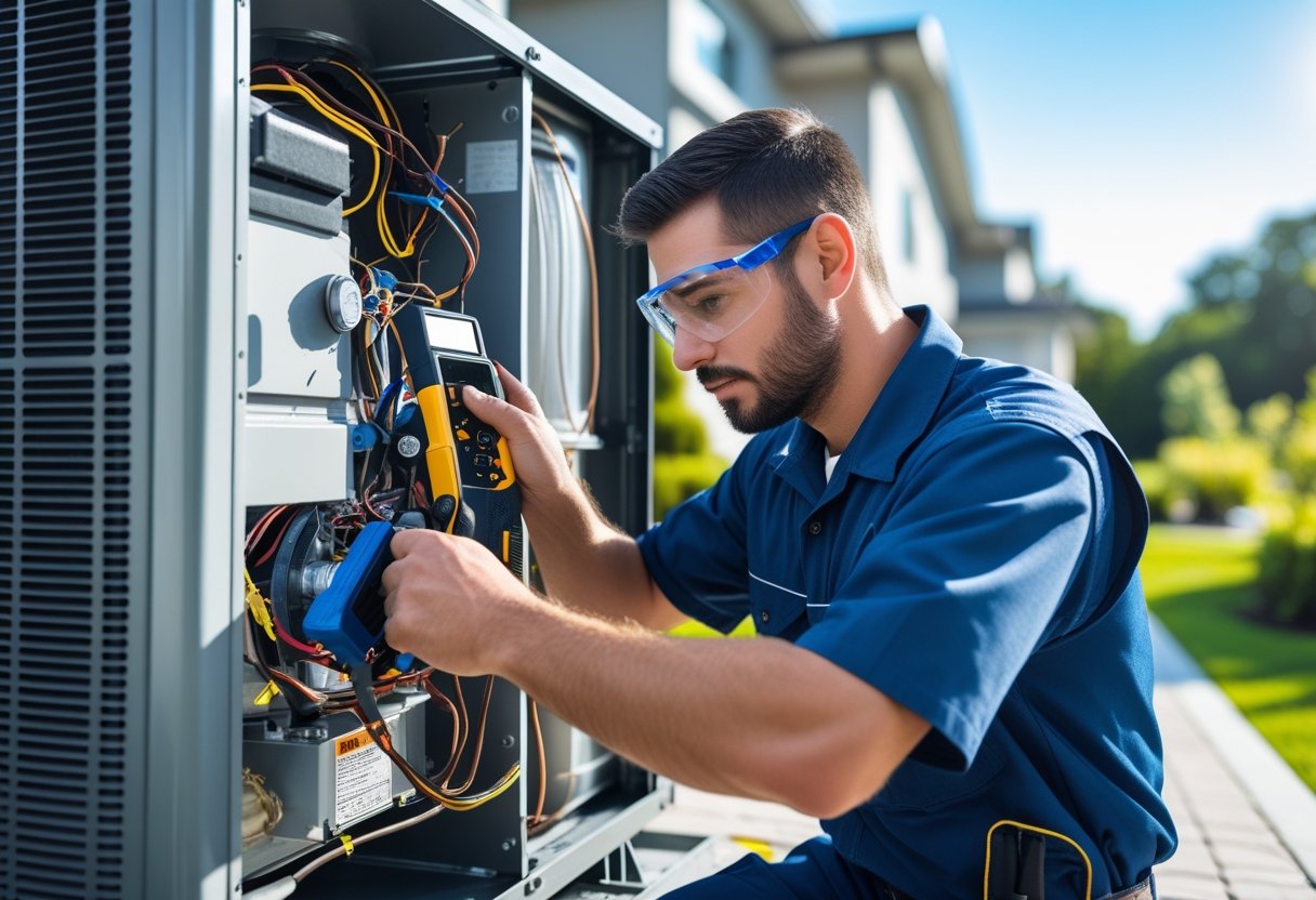 A technician inspecting and repairing components inside a home air conditioning unit outdoors.