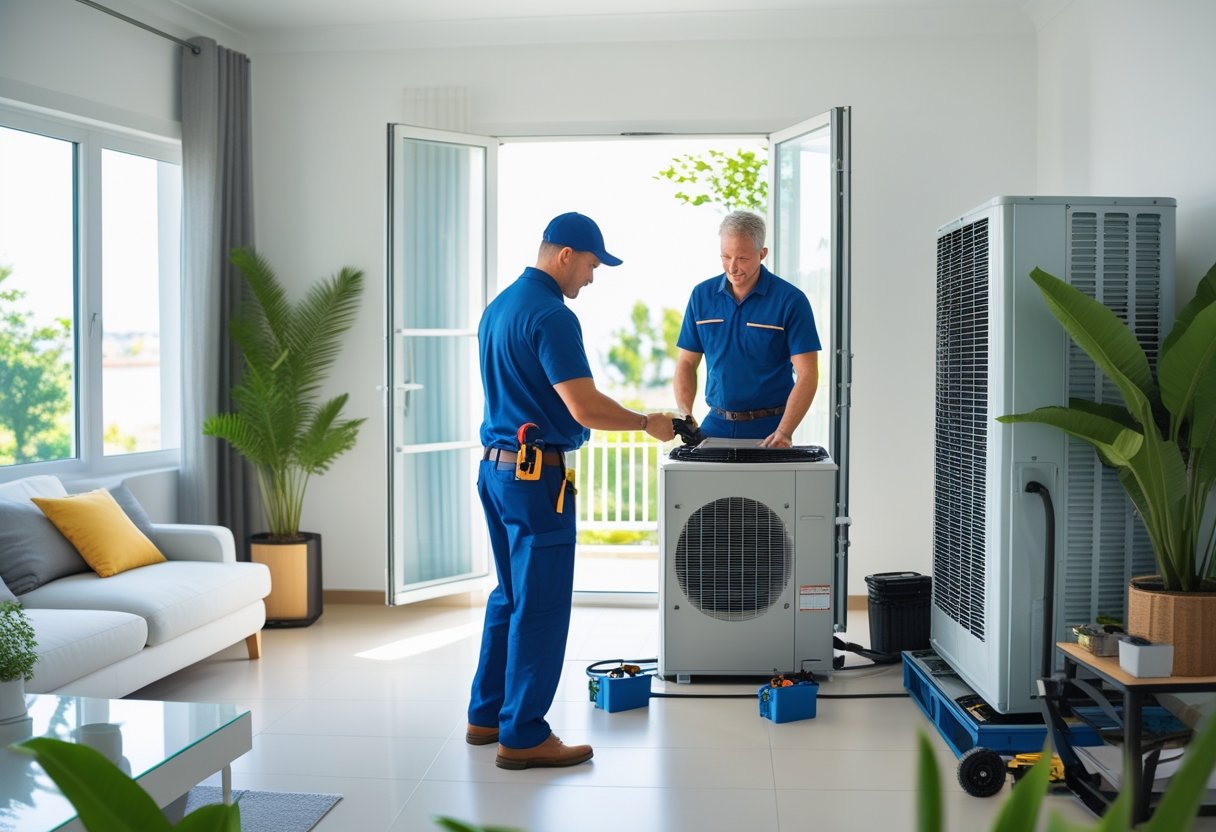 A homeowner watches an HVAC technician repairing an air conditioning unit in a bright living room.