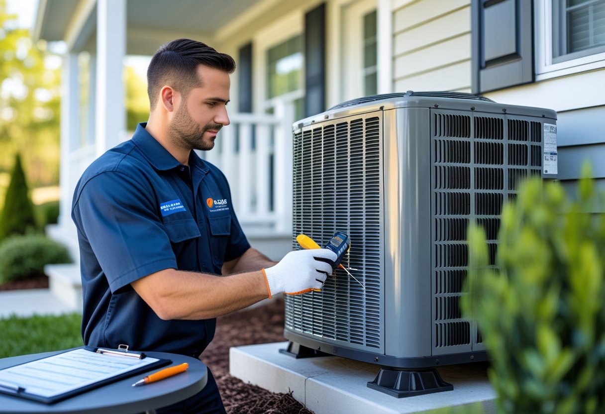 Technician performing maintenance on a home air conditioning unit outside a modern house with a checklist on a table nearby.