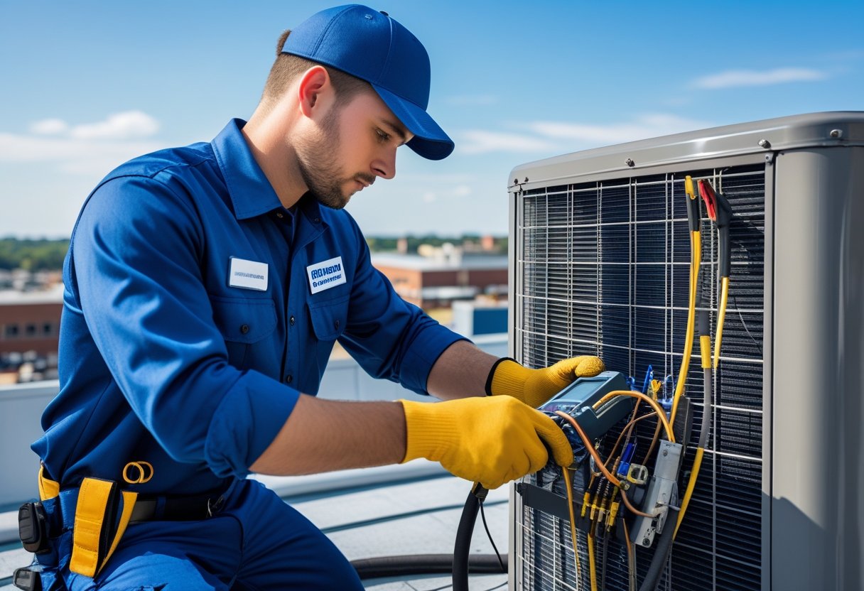 HVAC technician repairing a large commercial air conditioning unit on a rooftop in a city.