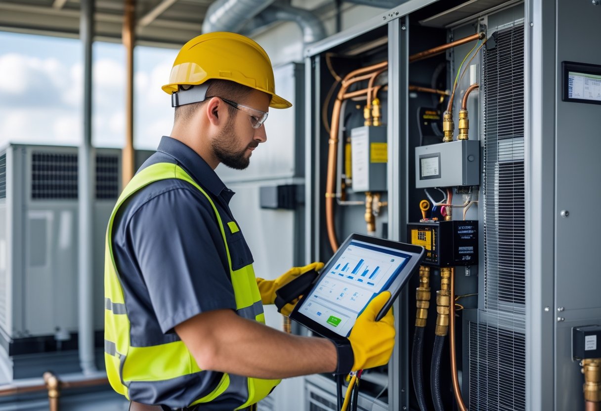 A technician inspecting a commercial air conditioning unit with diagnostic tools and a tablet in a mechanical room.