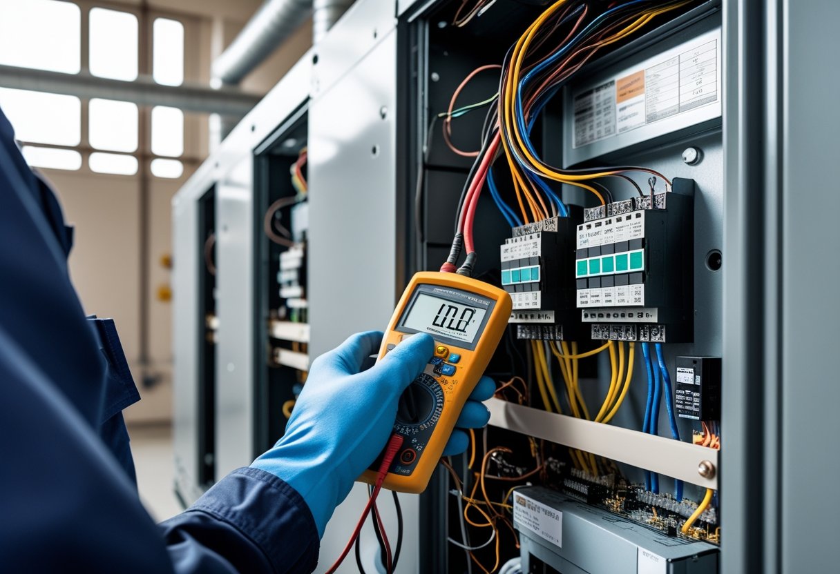 Technician inspecting electrical components inside a commercial HVAC control panel with tools and wires visible.