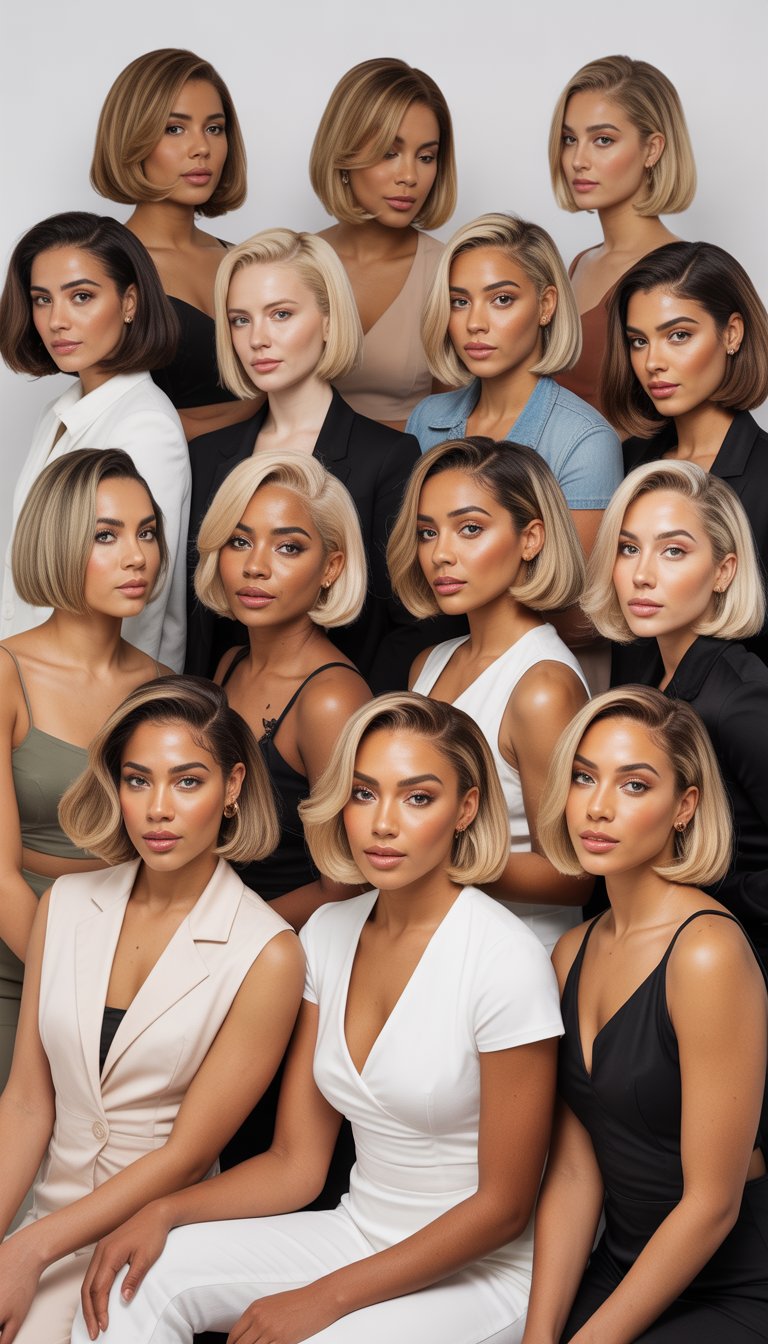 A group of Black women with honey blonde bob hairstyles posing together in a bright studio.